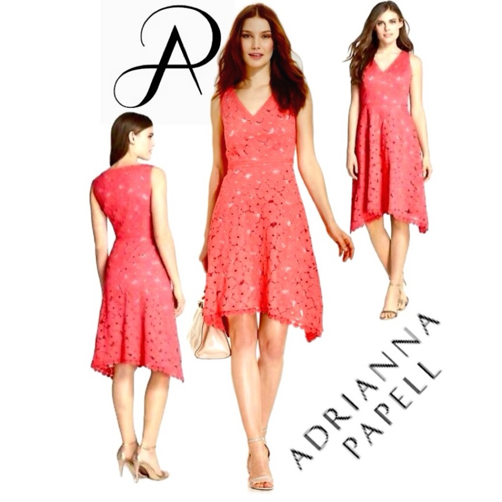 ADRIANNA PAPELL Floral Lace Handkerchief Hem Fit & Flare Dress Women’s Sz 12